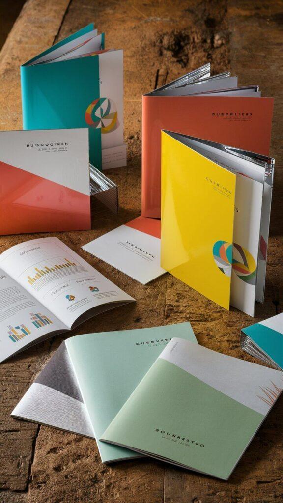 Muestra de folletos de distintos colores abiertos y cerrados